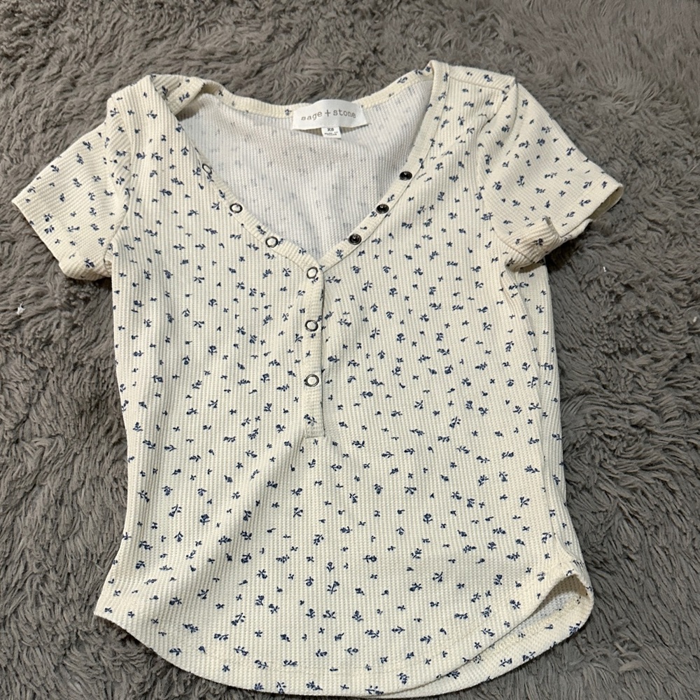White and Blue Floral Button-Up Top